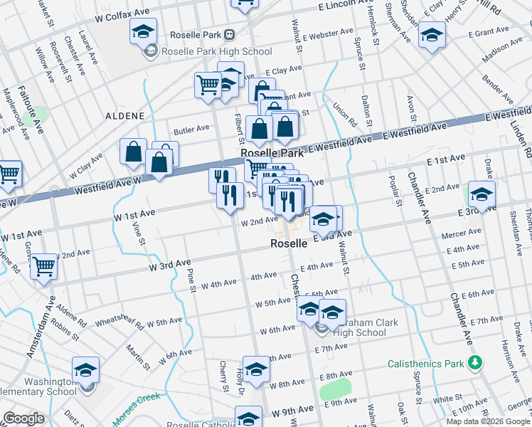map of restaurants, bars, coffee shops, grocery stores, and more near 134 West 2nd Avenue in Roselle