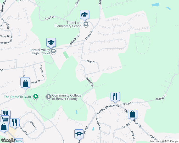 map of restaurants, bars, coffee shops, grocery stores, and more near 115 Pleasantview Drive in Monaca