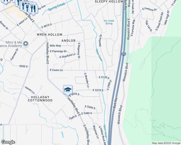 map of restaurants, bars, coffee shops, grocery stores, and more near 2840 East Casto Lane in Holladay