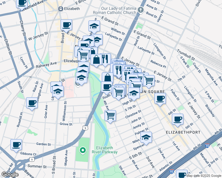 map of restaurants, bars, coffee shops, grocery stores, and more near 310 South Spring Street in Elizabeth