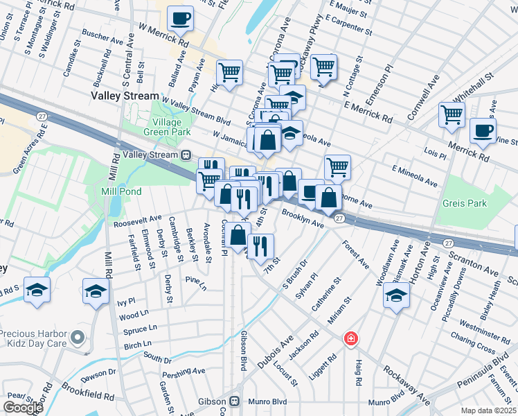 map of restaurants, bars, coffee shops, grocery stores, and more near 14 Brooklyn Avenue in Valley Stream