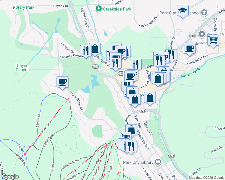 map of restaurants, bars, coffee shops, grocery stores, and more near 1781 Captain Molly Drive in Park City