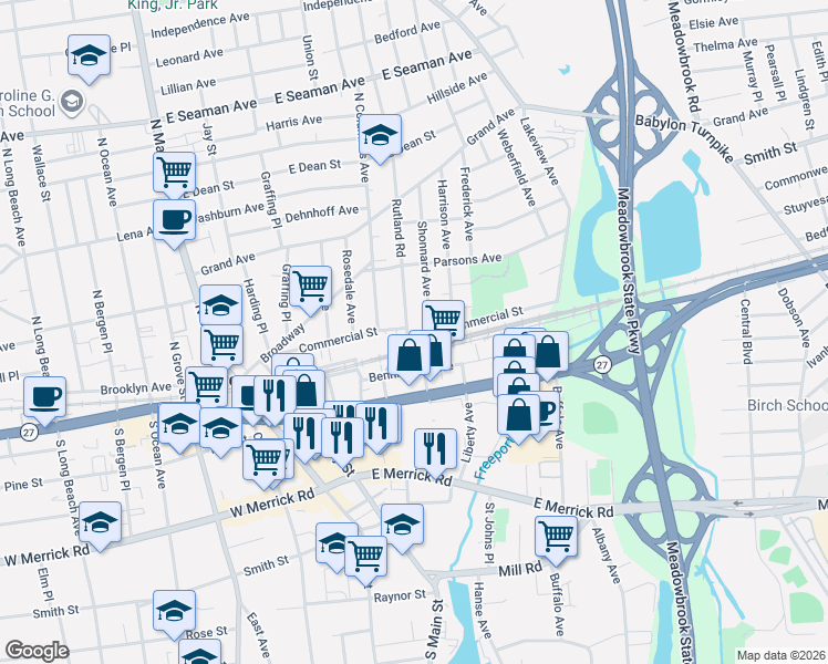 map of restaurants, bars, coffee shops, grocery stores, and more near 133 Commercial Street in Freeport