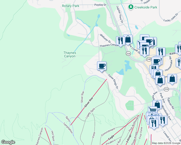 map of restaurants, bars, coffee shops, grocery stores, and more near 33 Silver Star Court in Park City