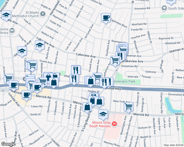 map of restaurants, bars, coffee shops, grocery stores, and more near 16 Powell Avenue in Rockville Centre