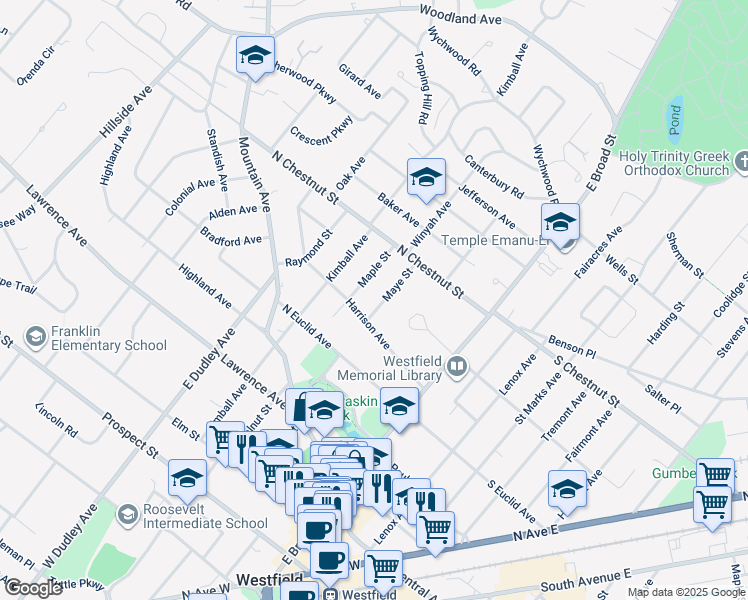 map of restaurants, bars, coffee shops, grocery stores, and more near 617 Maye Street in Westfield