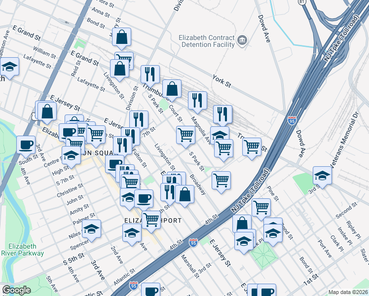 map of restaurants, bars, coffee shops, grocery stores, and more near 600 South Park Street in Elizabeth