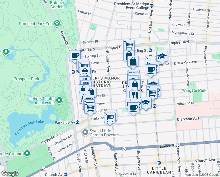 map of restaurants, bars, coffee shops, grocery stores, and more near Bedford Ave & Rutland Rd in Brooklyn