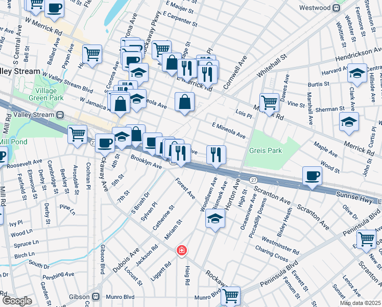 map of restaurants, bars, coffee shops, grocery stores, and more near 49 Satterie Avenue in Valley Stream