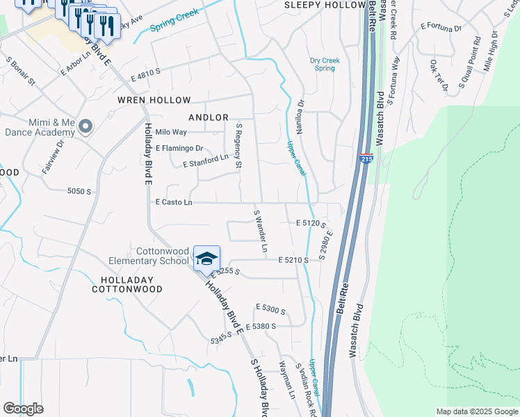 map of restaurants, bars, coffee shops, grocery stores, and more near 2790 East Casto Lane in Holladay
