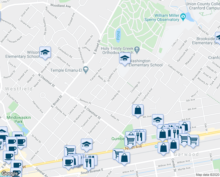 map of restaurants, bars, coffee shops, grocery stores, and more near 312 Wells Street in Westfield