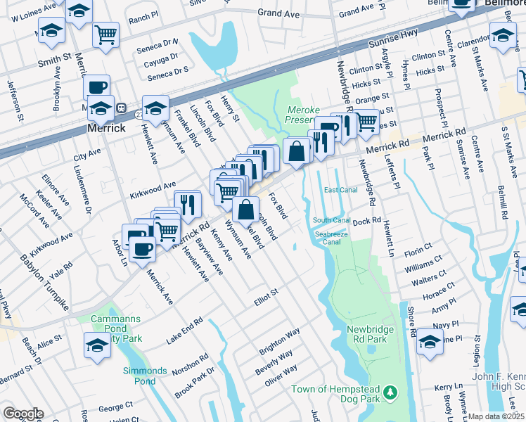 map of restaurants, bars, coffee shops, grocery stores, and more near 223 Lincoln Boulevard in Merrick