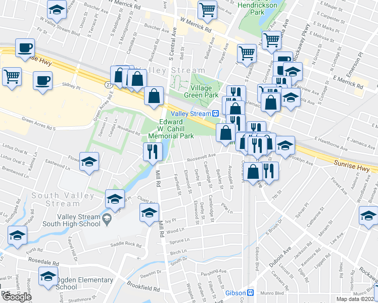 map of restaurants, bars, coffee shops, grocery stores, and more near 46 Derby Street in Valley Stream