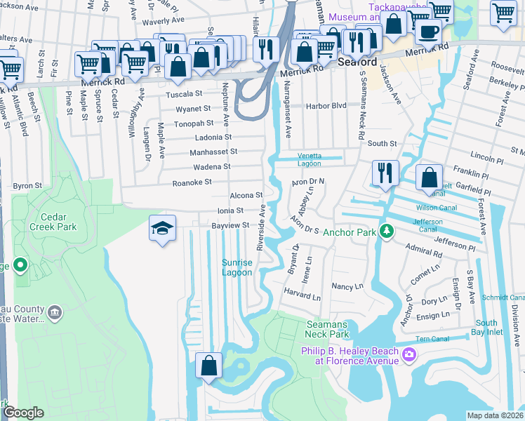 map of restaurants, bars, coffee shops, grocery stores, and more near 2506 Riverside Avenue in Seaford