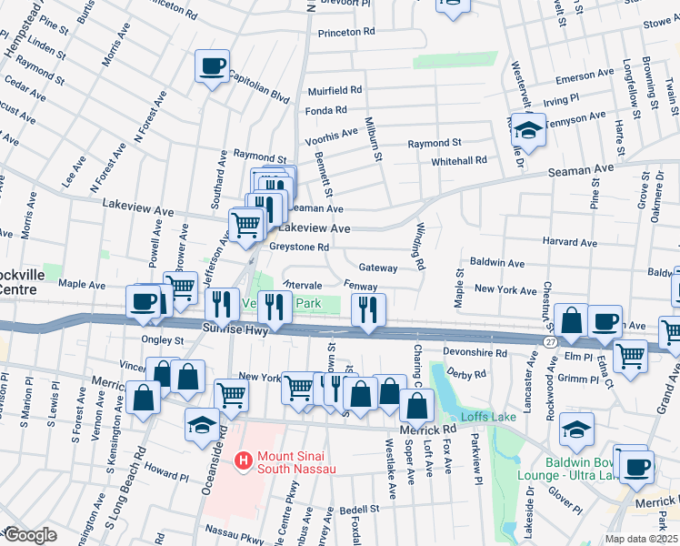 map of restaurants, bars, coffee shops, grocery stores, and more near 29 Fenway in Rockville Centre
