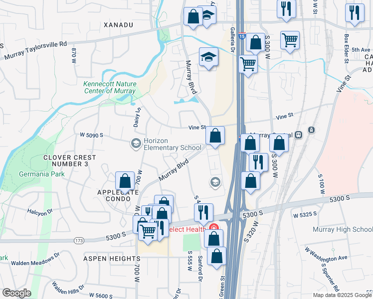 map of restaurants, bars, coffee shops, grocery stores, and more near 494 Murray Boulevard in Murray