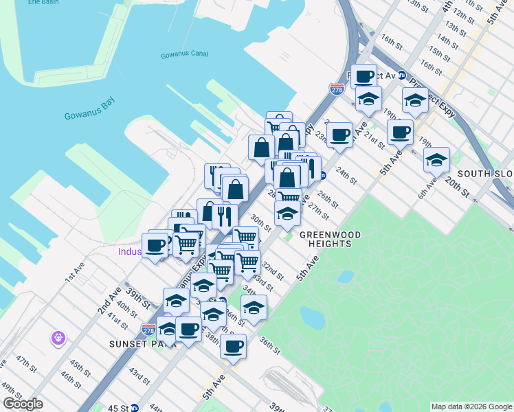 map of restaurants, bars, coffee shops, grocery stores, and more near 126 29th Street in Brooklyn