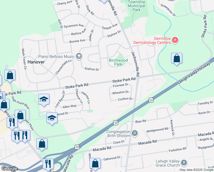 map of restaurants, bars, coffee shops, grocery stores, and more near 1118 Foxview Dr in Bethlehem