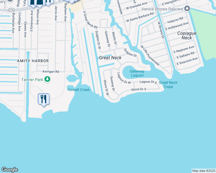 map of restaurants, bars, coffee shops, grocery stores, and more near 32 Shore Drive South in Copiague