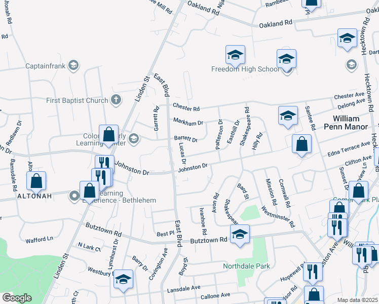 map of restaurants, bars, coffee shops, grocery stores, and more near 1741 Easthill Dr in Bethlehem