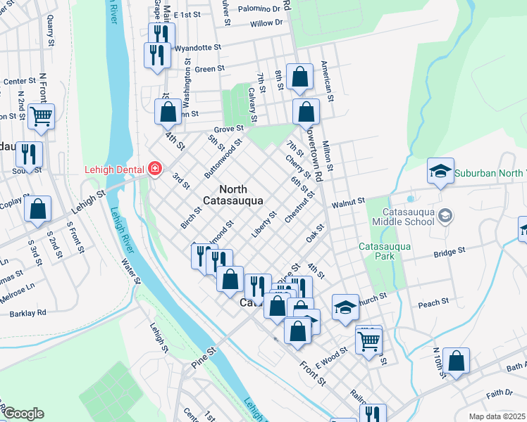 map of restaurants, bars, coffee shops, grocery stores, and more near 1033 4th Street in Catasauqua