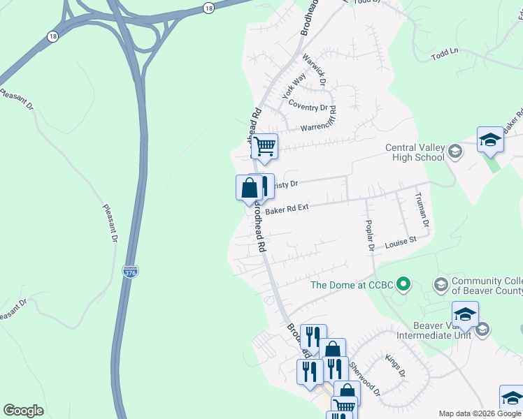 map of restaurants, bars, coffee shops, grocery stores, and more near 3588 Brodhead Road in Monaca