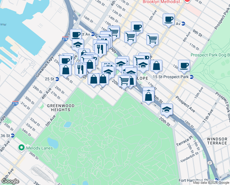 map of restaurants, bars, coffee shops, grocery stores, and more near 342 21st Street in Brooklyn