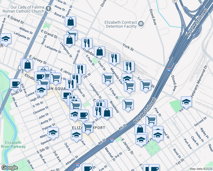 map of restaurants, bars, coffee shops, grocery stores, and more near 602 South Park Street in Elizabeth