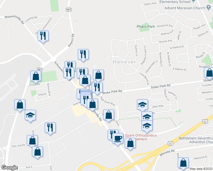 map of restaurants, bars, coffee shops, grocery stores, and more near 3400 High Point Boulevard in Bethlehem