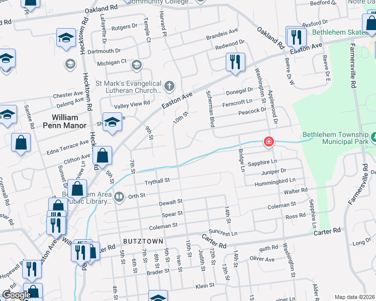 map of restaurants, bars, coffee shops, grocery stores, and more near 3830 Tamarind Dr in Bethlehem