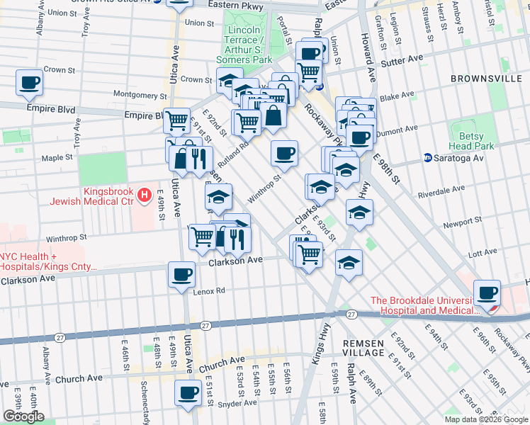 map of restaurants, bars, coffee shops, grocery stores, and more near 234 East 91st Street in Brooklyn