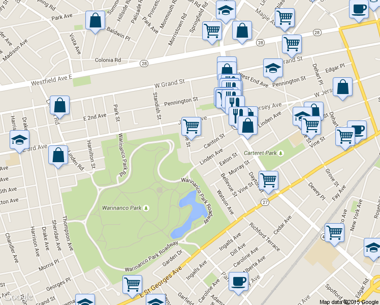 map of restaurants, bars, coffee shops, grocery stores, and more near Canton St & Acme St in Elizabeth