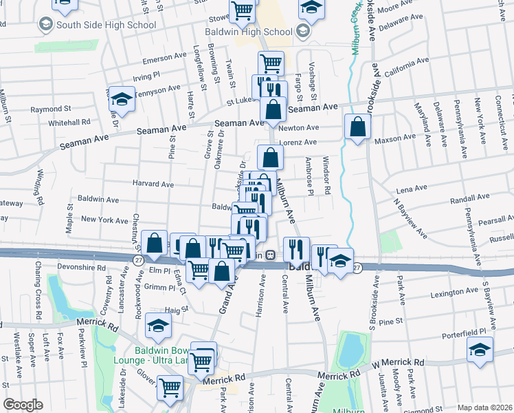 map of restaurants, bars, coffee shops, grocery stores, and more near 2091 Grand Avenue in Baldwin