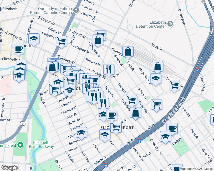 map of restaurants, bars, coffee shops, grocery stores, and more near 657 Fulton Street in Elizabeth