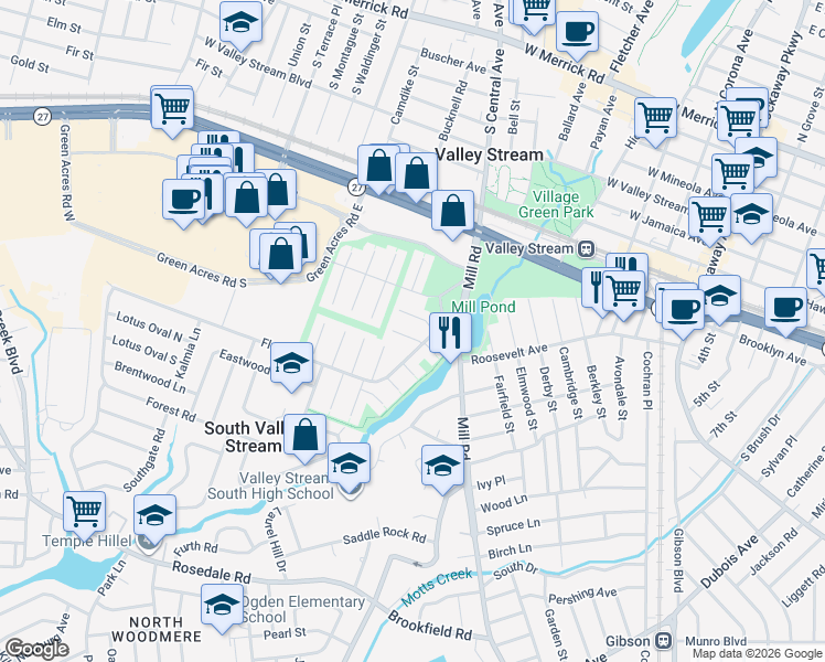 map of restaurants, bars, coffee shops, grocery stores, and more near 11 Bittersweet Lane in Valley Stream
