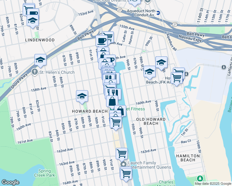 map of restaurants, bars, coffee shops, grocery stores, and more near 159-13 Cross Bay Boulevard in Queens