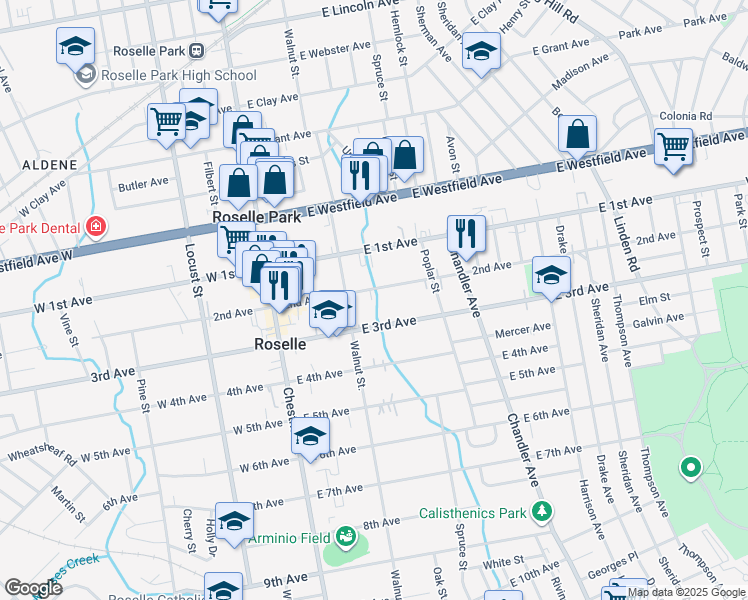 map of restaurants, bars, coffee shops, grocery stores, and more near 218 East 2nd Avenue in Roselle