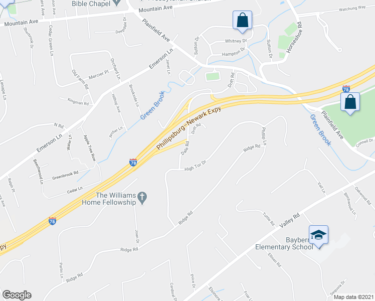 map of restaurants, bars, coffee shops, grocery stores, and more near 17 Drift Road in Watchung