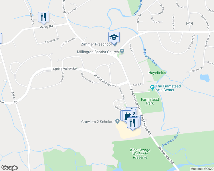 map of restaurants, bars, coffee shops, grocery stores, and more near 21 Spring Valley Boulevard in Bernards
