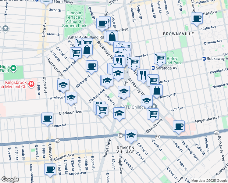 map of restaurants, bars, coffee shops, grocery stores, and more near 299 East 94th Street in Brooklyn