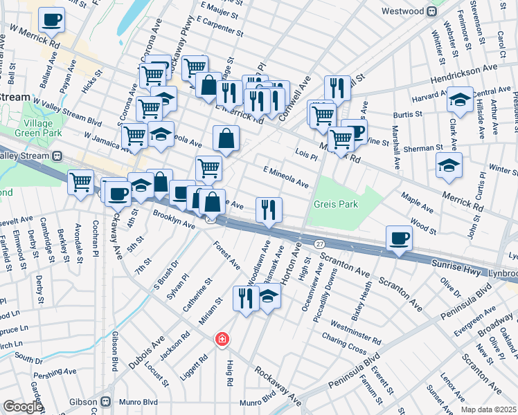 map of restaurants, bars, coffee shops, grocery stores, and more near 187 East Hawthorne Avenue in Valley Stream
