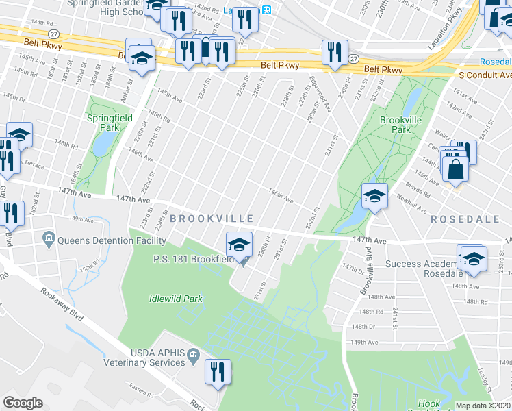 map of restaurants, bars, coffee shops, grocery stores, and more near 146-33 229th Street in Queens