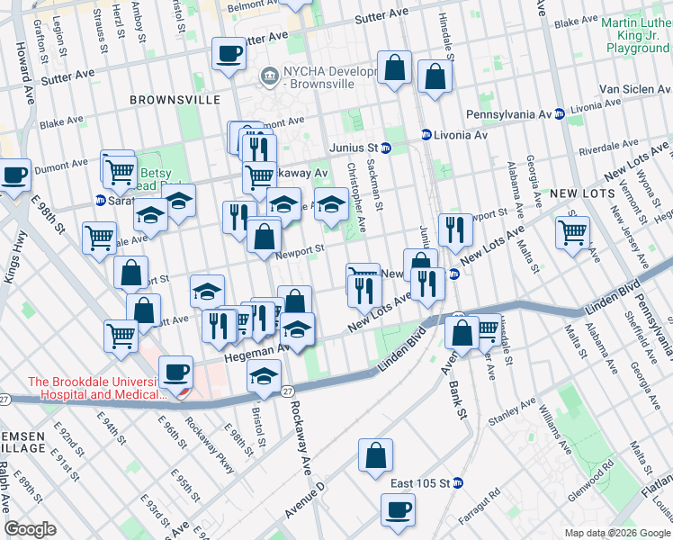 map of restaurants, bars, coffee shops, grocery stores, and more near 549 Watkins Street in Brooklyn