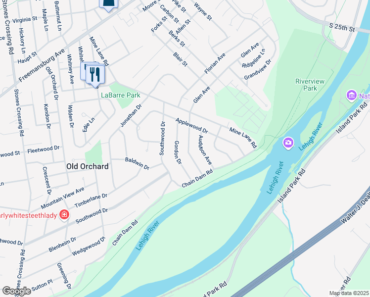 map of restaurants, bars, coffee shops, grocery stores, and more near 3527 Glen Ave in Easton