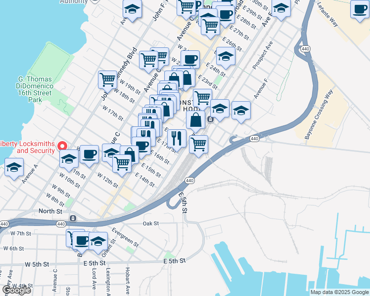 map of restaurants, bars, coffee shops, grocery stores, and more near 153 Avenue E in Bayonne