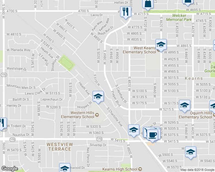 map of restaurants, bars, coffee shops, grocery stores, and more near 5078 Pieper Boulevard in Kearns