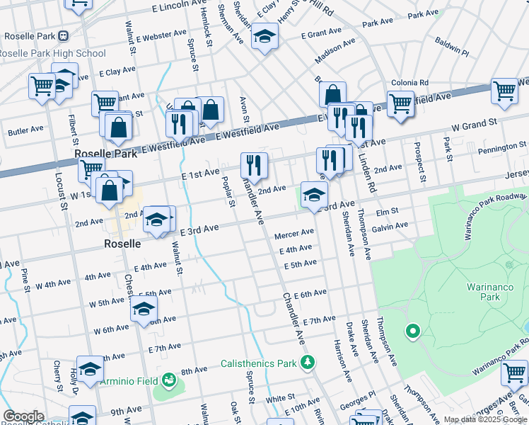 map of restaurants, bars, coffee shops, grocery stores, and more near 405 East 3rd Avenue in Roselle