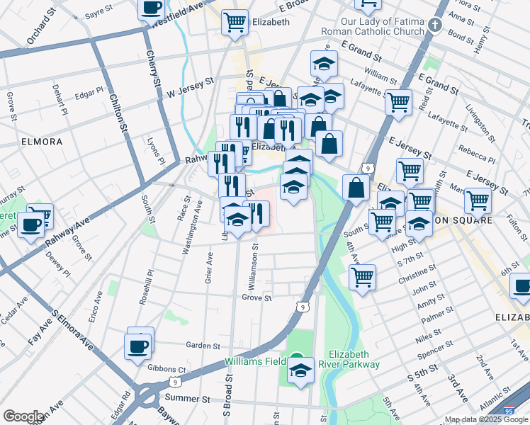 map of restaurants, bars, coffee shops, grocery stores, and more near 200 Williamson St in Elizabeth