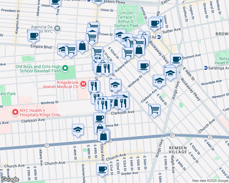 map of restaurants, bars, coffee shops, grocery stores, and more near 28 Winthrop Street in Brooklyn