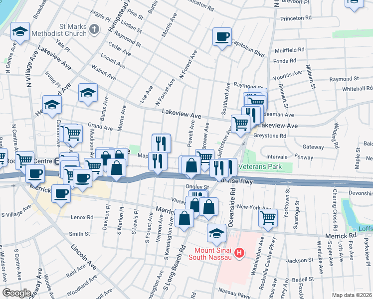 map of restaurants, bars, coffee shops, grocery stores, and more near 16 Powell Avenue in Rockville Centre